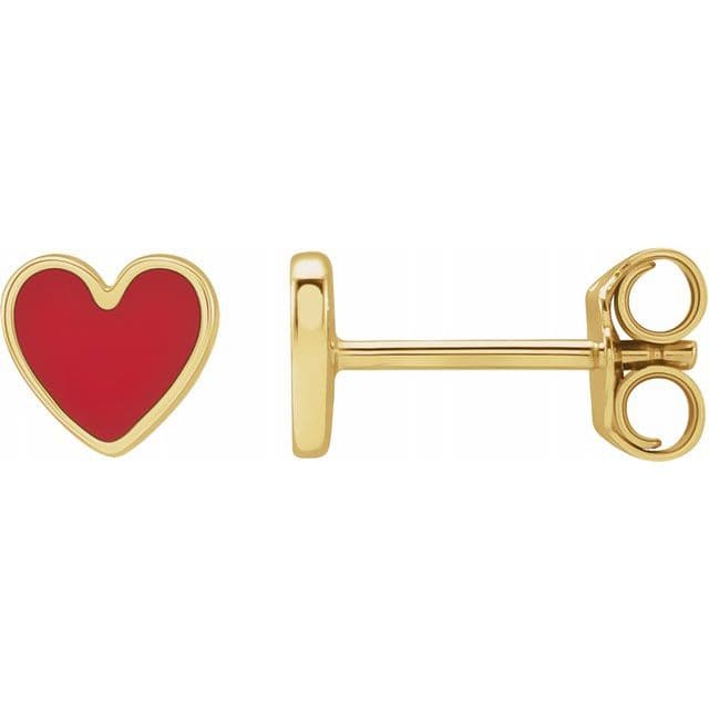 Yellow Gold Red Enamel Heart Stud Earrings - Image 3
